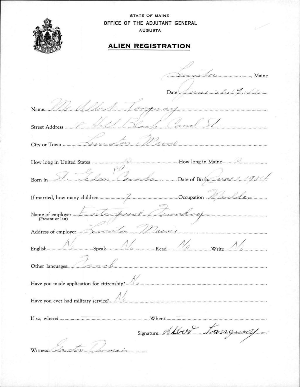 Miniature of Alien Registration- Tanguay, Albert (Lewiston, Androscoggin County)