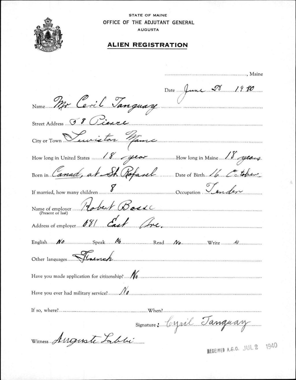 Miniature of Alien Registration- Tanguay, Ceril (Lewiston, Androscoggin County)