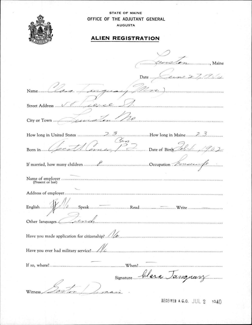 Miniature of Alien Registration- Tanguay, Clara (Lewiston, Androscoggin County)