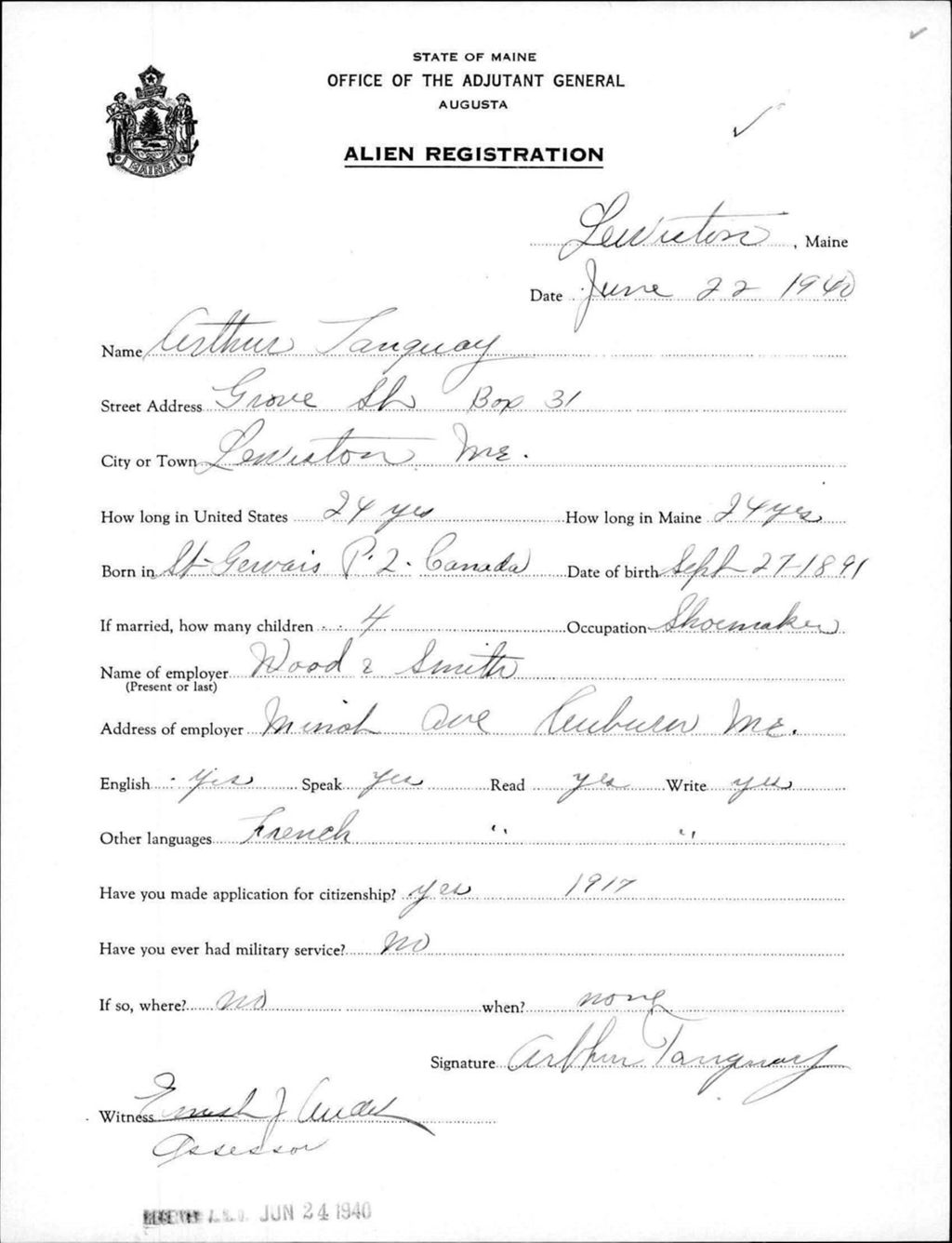 Miniature of Alien Registration- Tanguay, Arthur (Lewiston, Androscoggin County)
