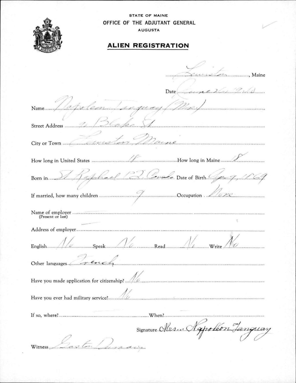 Miniature of Alien Registration- Tanguay, Napoleon (Lewiston, Androscoggin County)