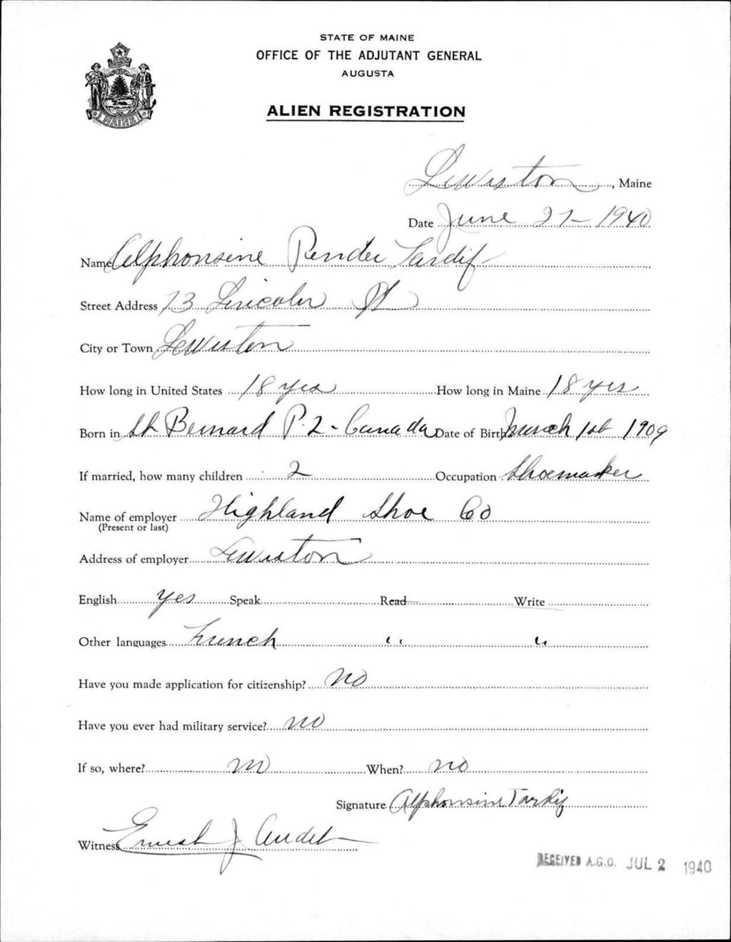 Miniature of Alien Registration- Pender, Alphonsine (Lewiston, Androscoggin County)