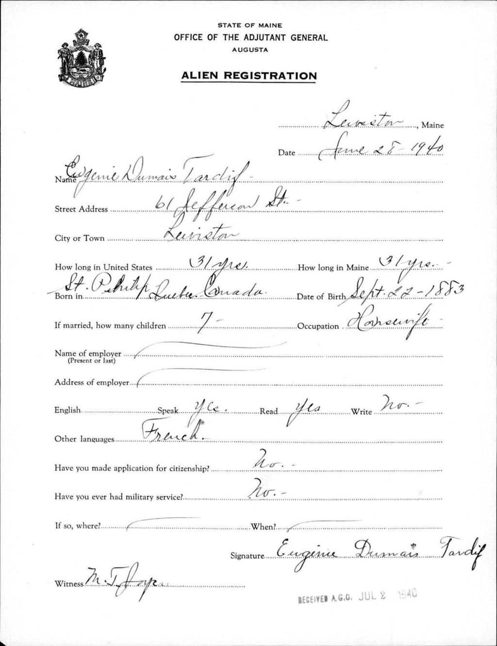 Miniature of Alien Registration- Dumais, Eugenie (Lewiston, Androscoggin County)