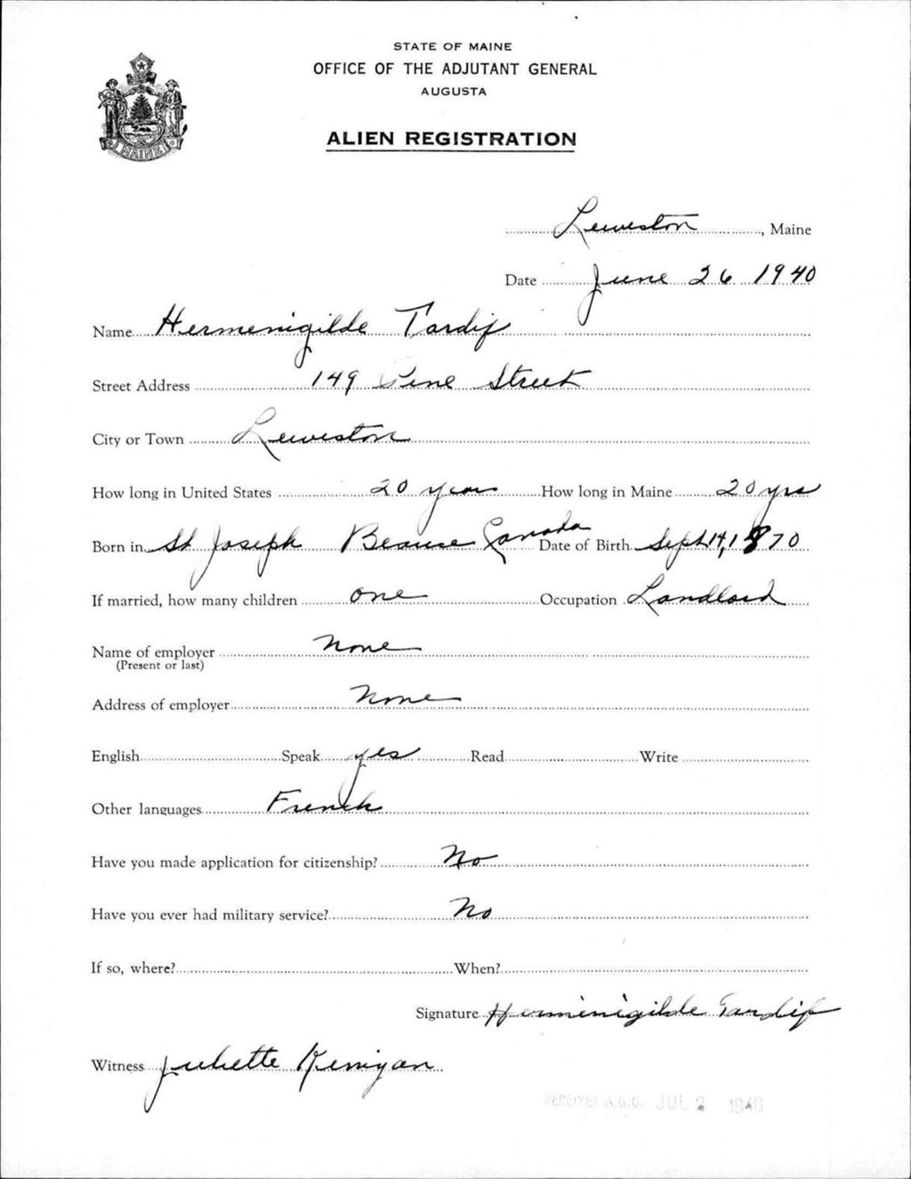 Miniature of Alien Registration- Tardif, Hermenigilde (Lewiston, Androscoggin County)
