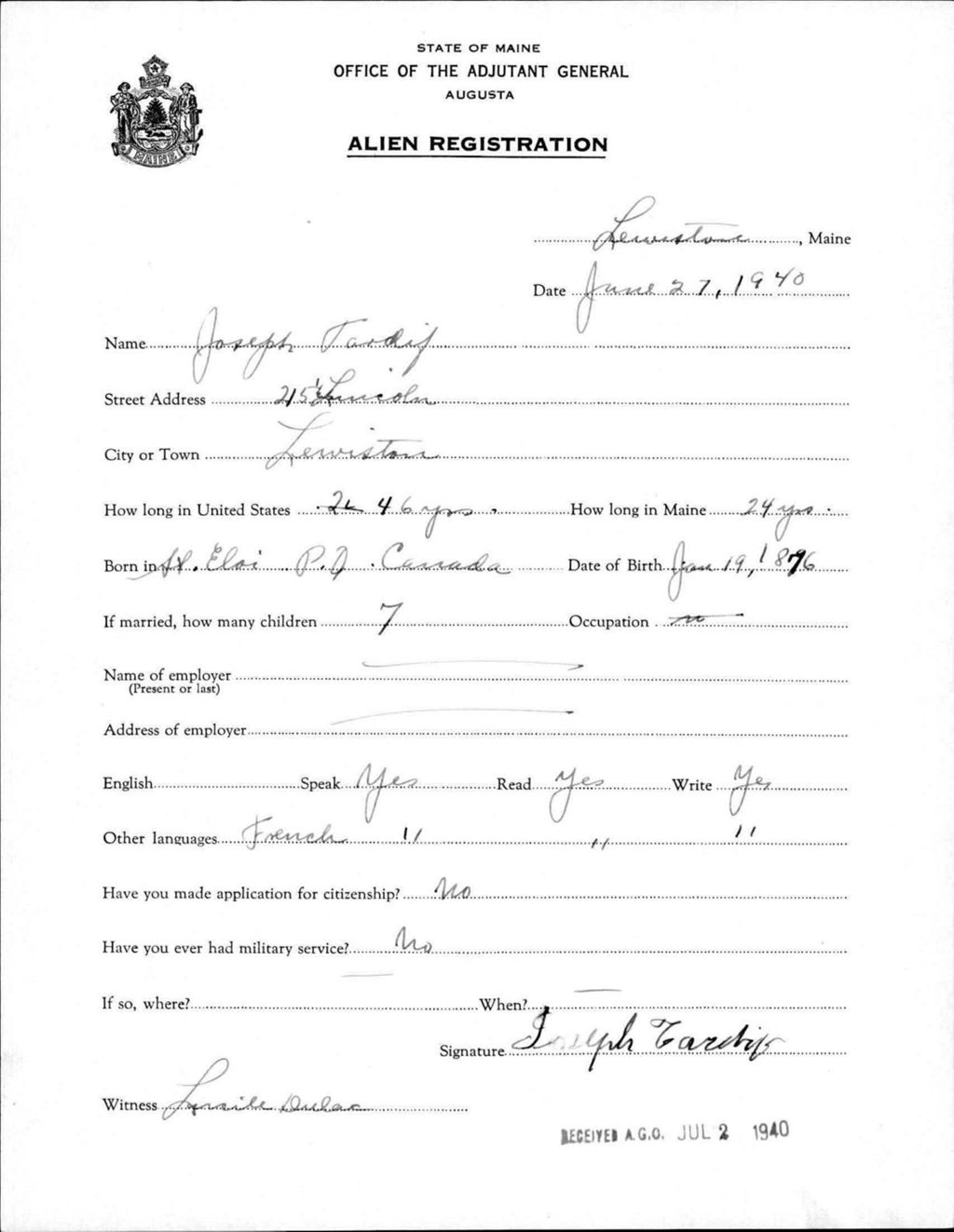 Miniature of Alien Registration- Tardif, Joseph (Lewiston, Androscoggin County)
