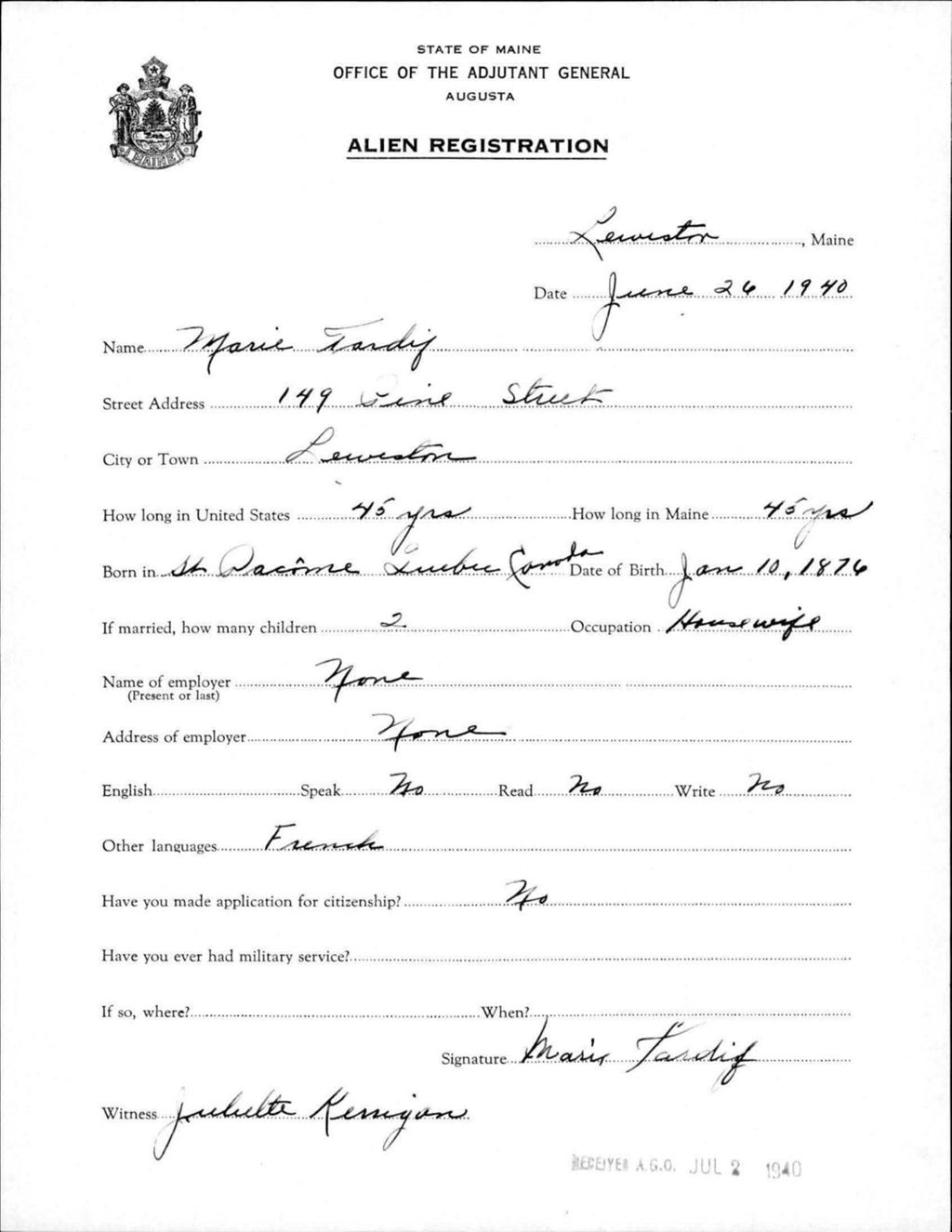 Miniature of Alien Registration- Tardif, Marie (Lewiston, Androscoggin County)