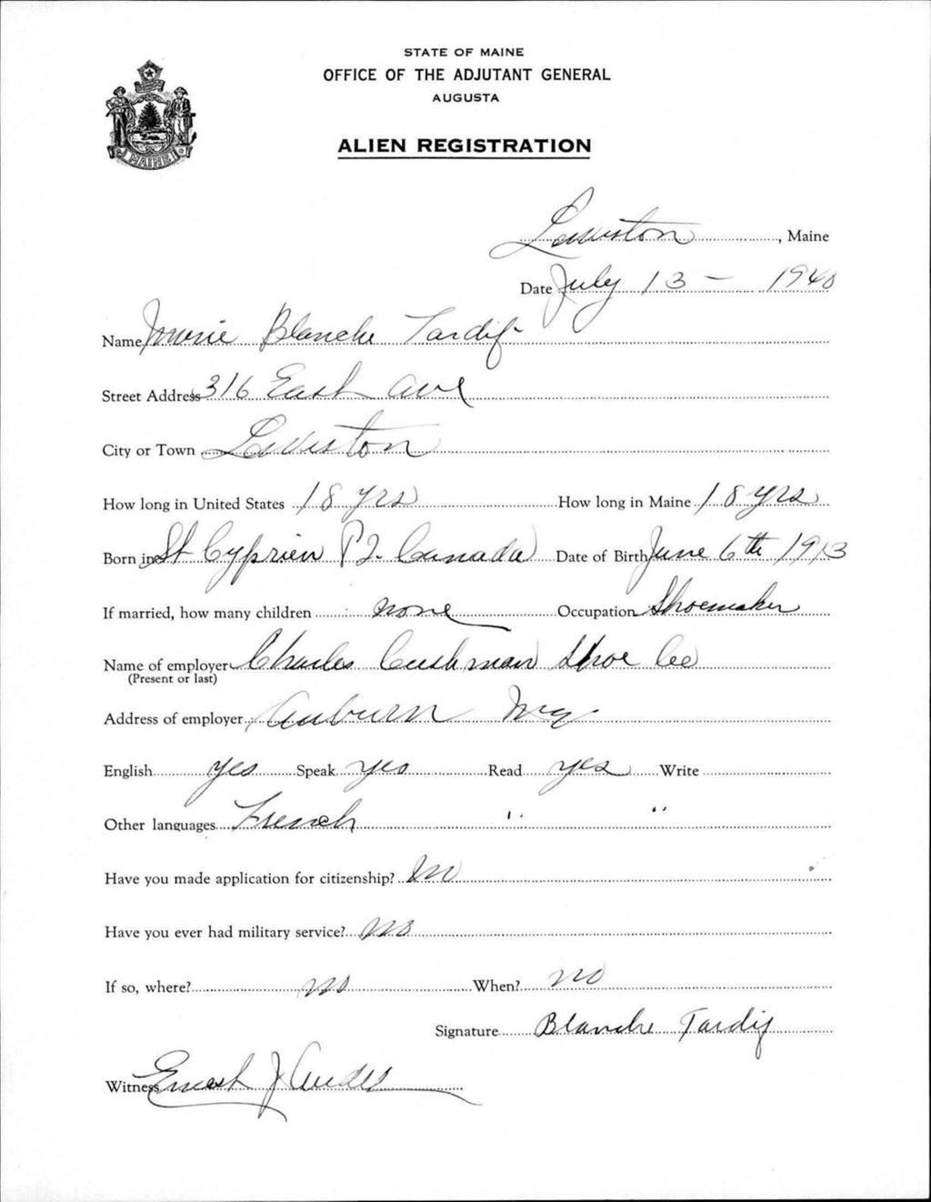 Miniature of Alien Registration- Tardif, Marie B. (Lewiston, Androscoggin County)