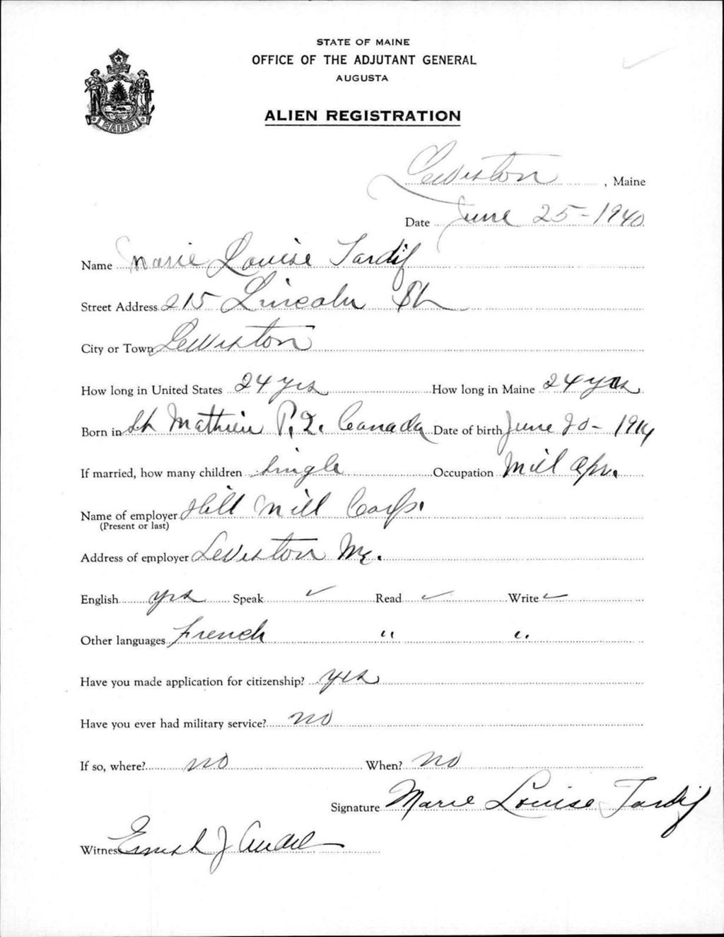 Miniature of Alien Registration- Tardif, Marie L. (Lewiston, Androscoggin County)