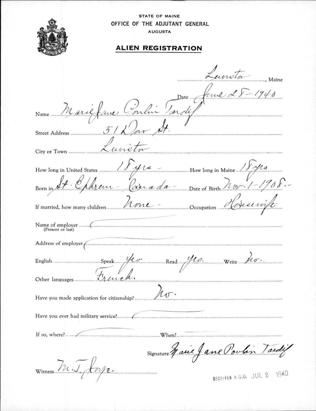 Miniature of Alien Registration- Poulin, Marie Jane (Lewiston, Androscoggin County)