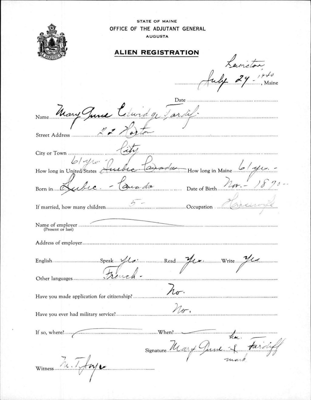 Miniature of Alien Registration- Edridge, Mary Anne (Lewiston, Androscoggin County)