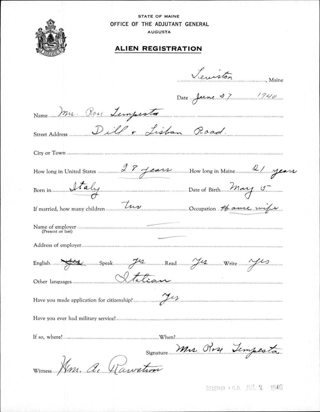 Miniature of Alien Registration- Tempesta, Rose (Lewiston, Androscoggin County)