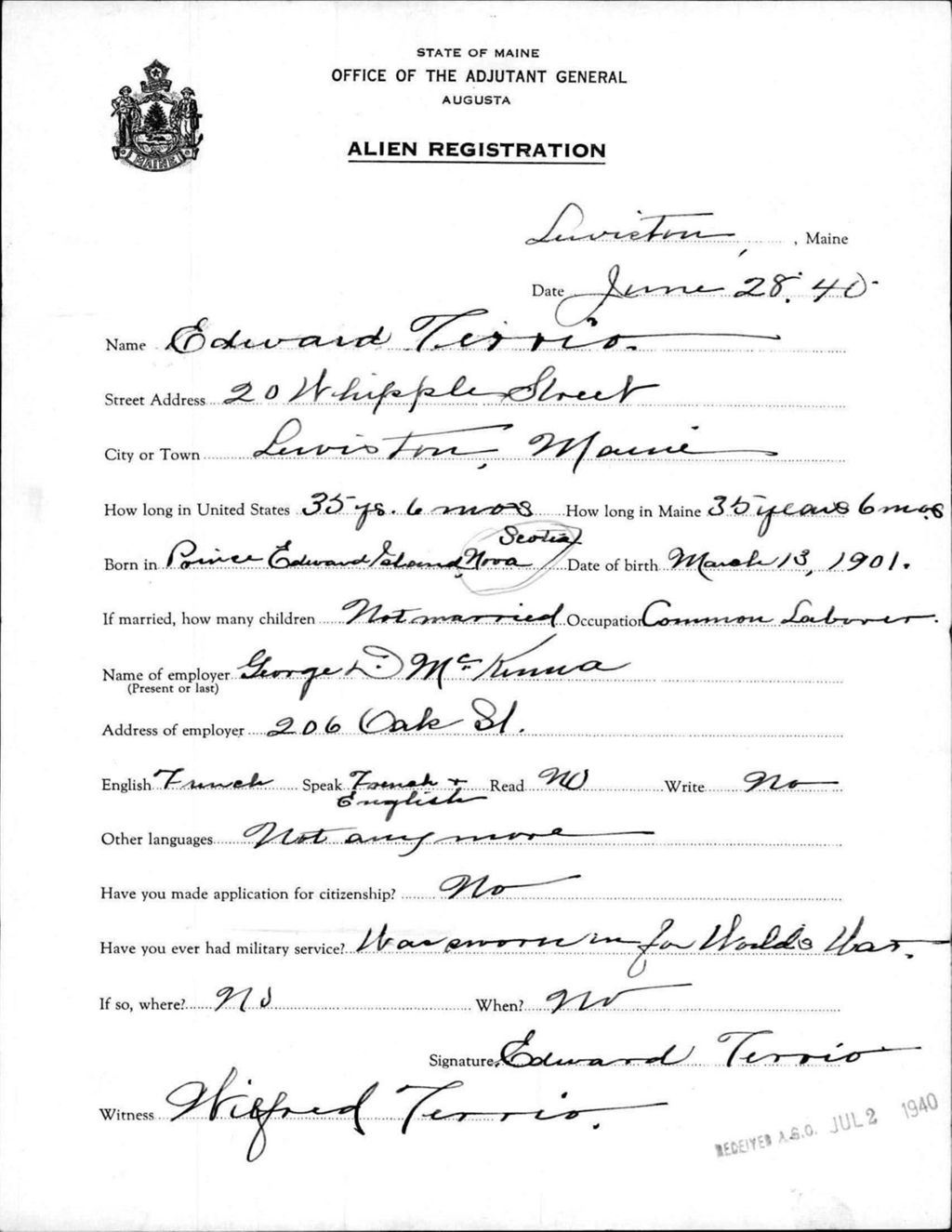 Miniature of Alien Registration- Terrio, Edward (Lewiston, Androscoggin County)