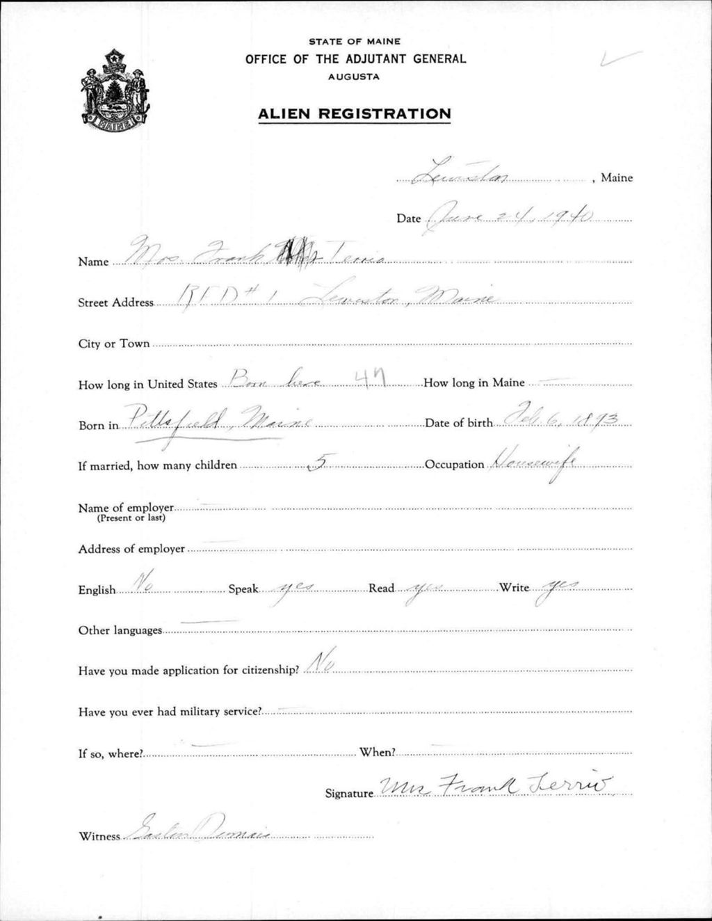 Miniature of Alien Registration- Terrio, Frank (Lewiston, Androscoggin County)