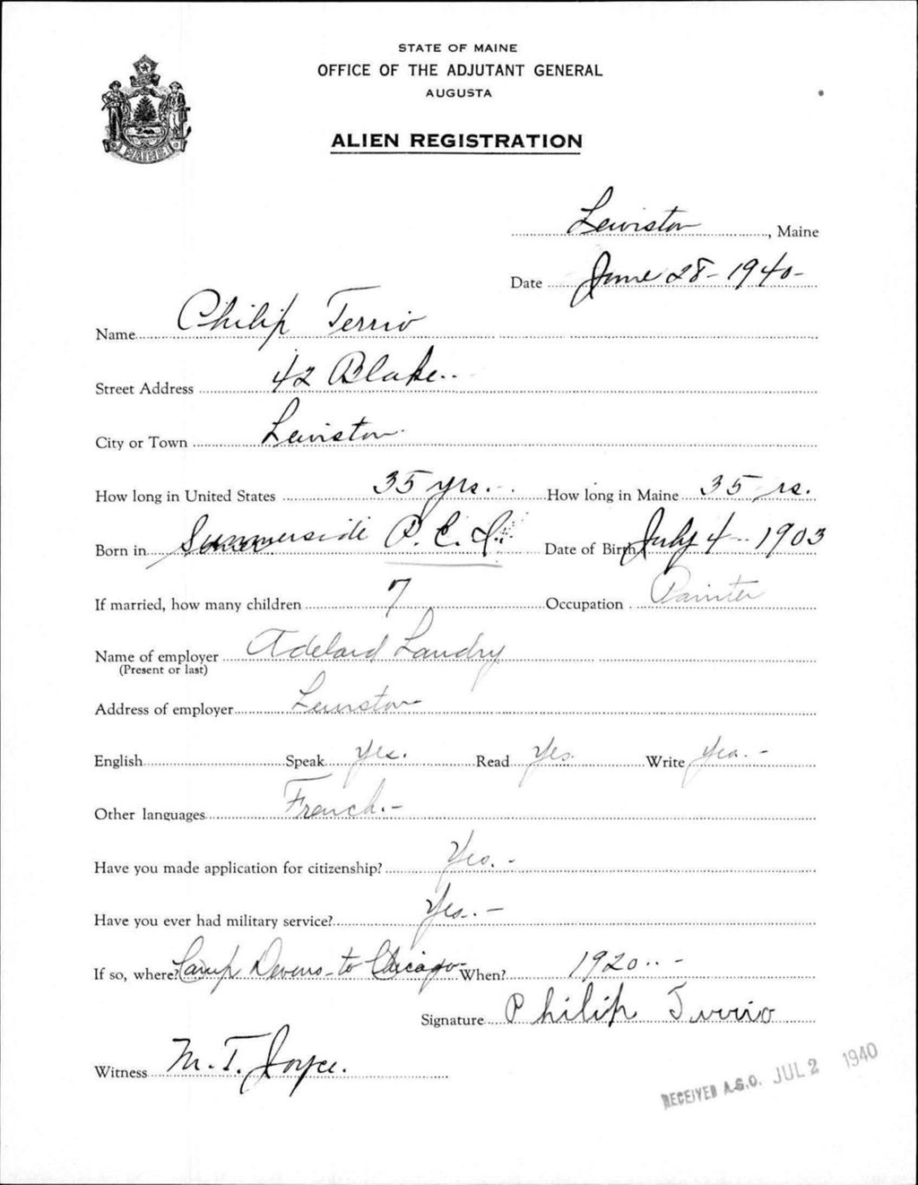 Miniature of Alien Registration- Terrio, Philip (Lewiston, Androscoggin County)