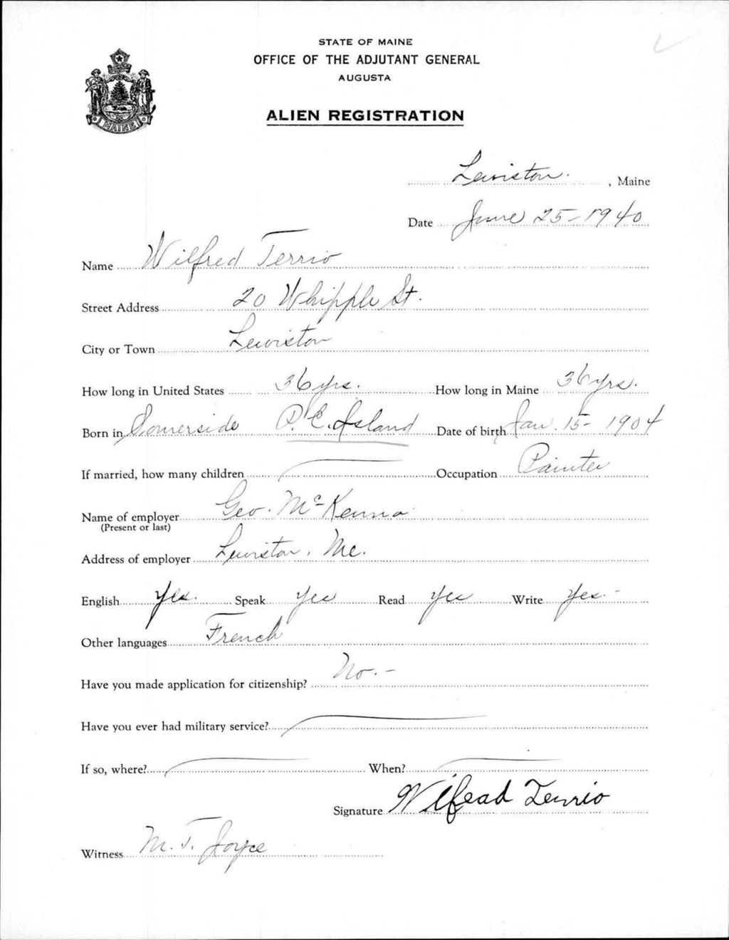 Miniature of Alien Registration- Terrio, Wilfred (Lewiston, Androscoggin County)