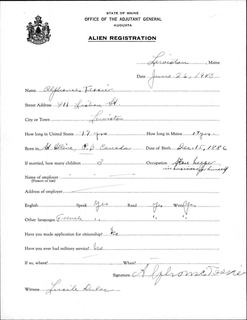 Miniature of Alien Registration- Tessier, Alphonse (Lewiston, Androscoggin County)