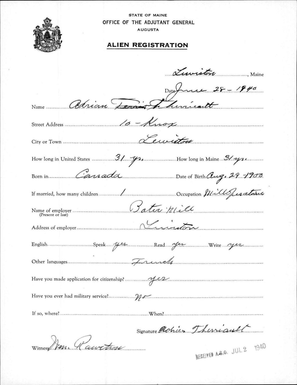 Miniature of Alien Registration- Therrieault, Adrian (Lewiston, Androscoggin County)