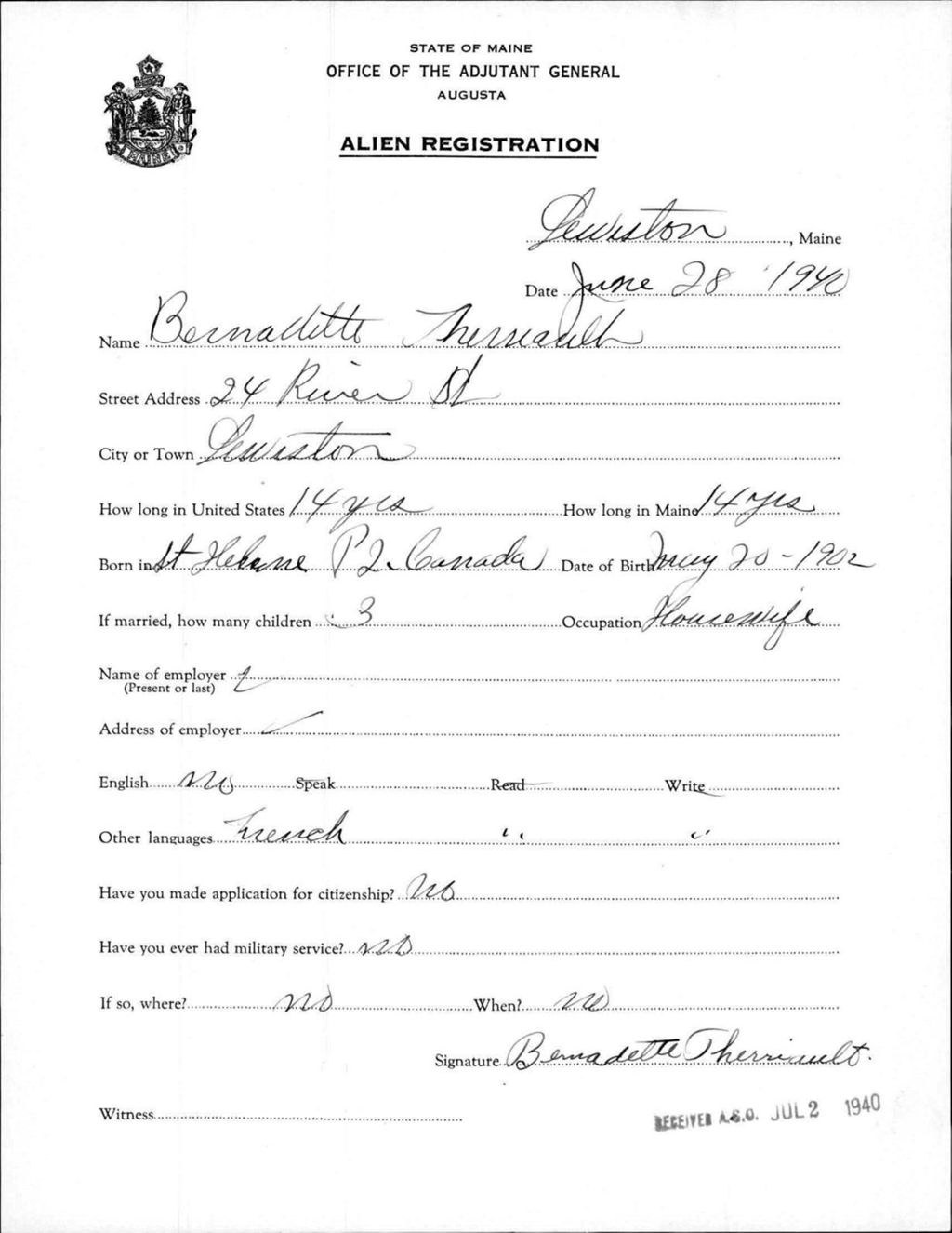 Miniature of Alien Registration- Therriault, Bernadette (Lewiston, Androscoggin County)