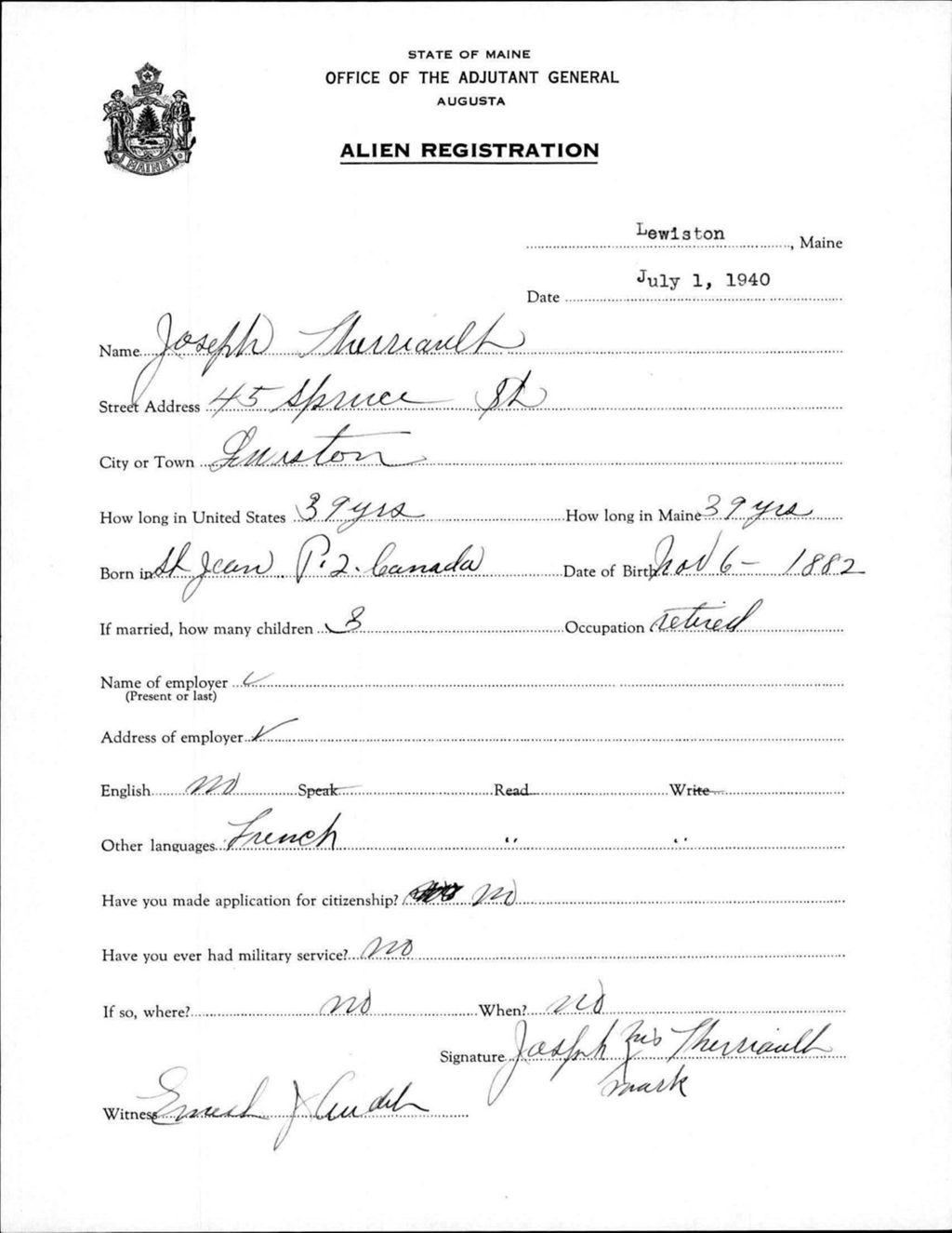Miniature of Alien Registration- Therriault, Joseph (Lewiston, Androscoggin County)