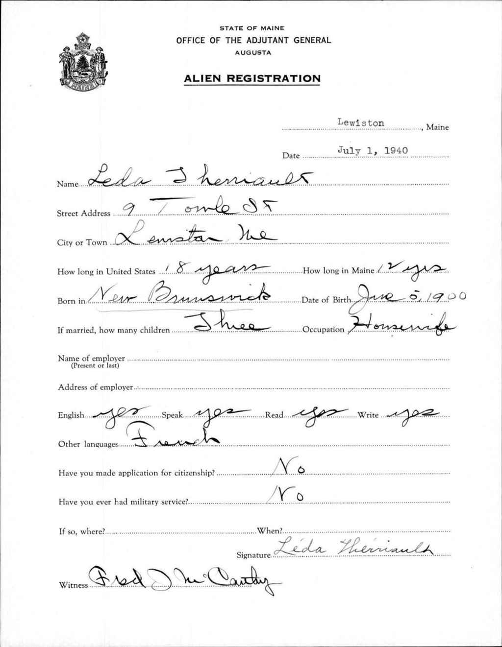 Miniature of Alien Registration- Therriault, Leda (Lewiston, Androscoggin County)