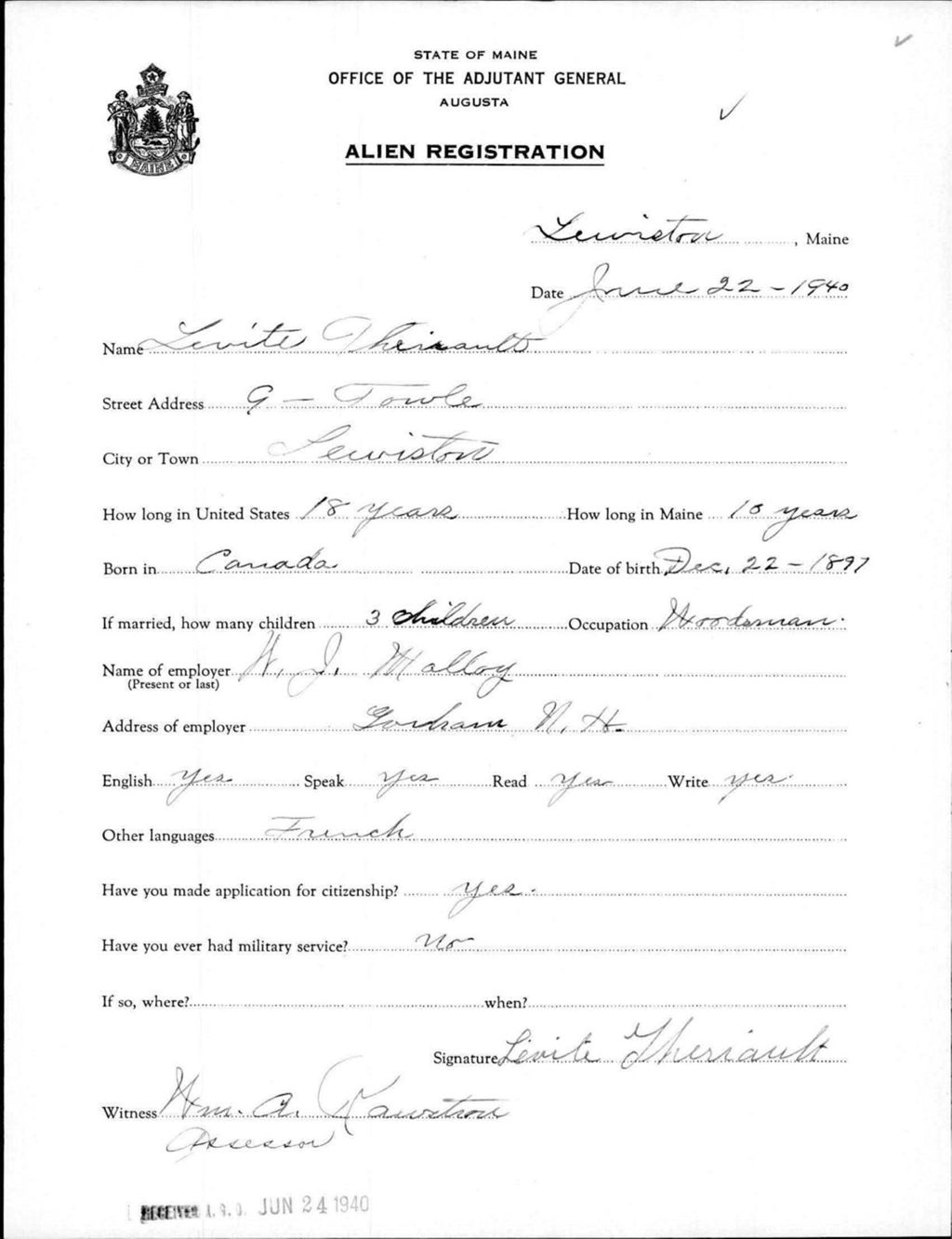 Miniature of Alien Registration- Theriault, Levite (Lewiston, Androscoggin County)