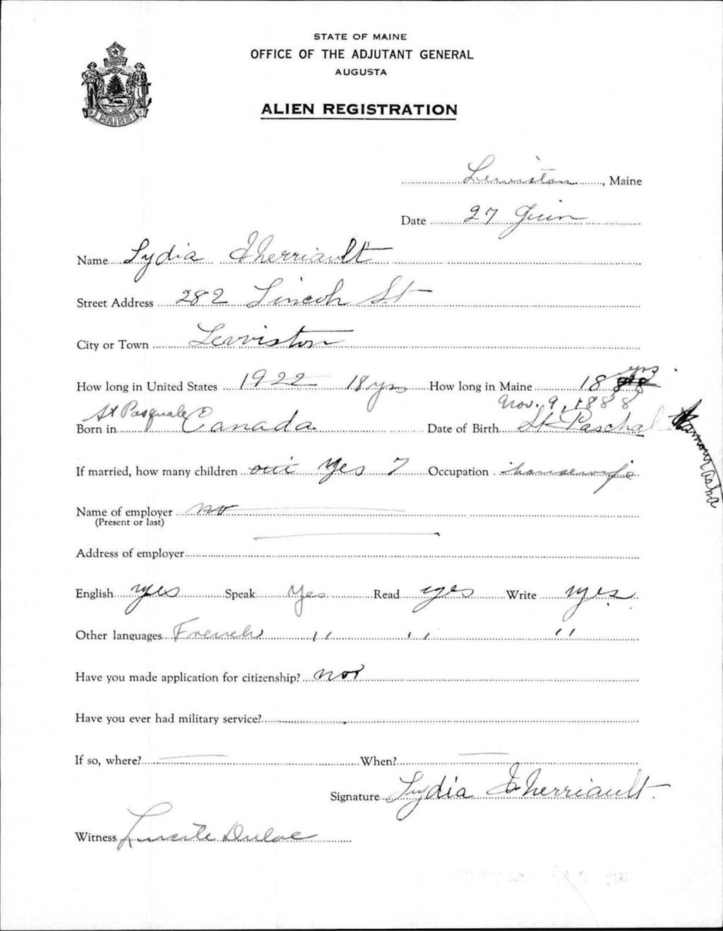 Miniature of Alien Registration- Therriault, Lydia (Lewiston, Androscoggin County)