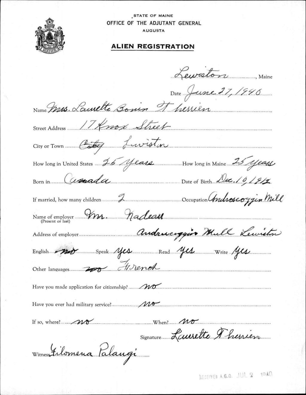 Miniature of Alien Registration- Bonin, Laurette (Lewiston, Androscoggin County)