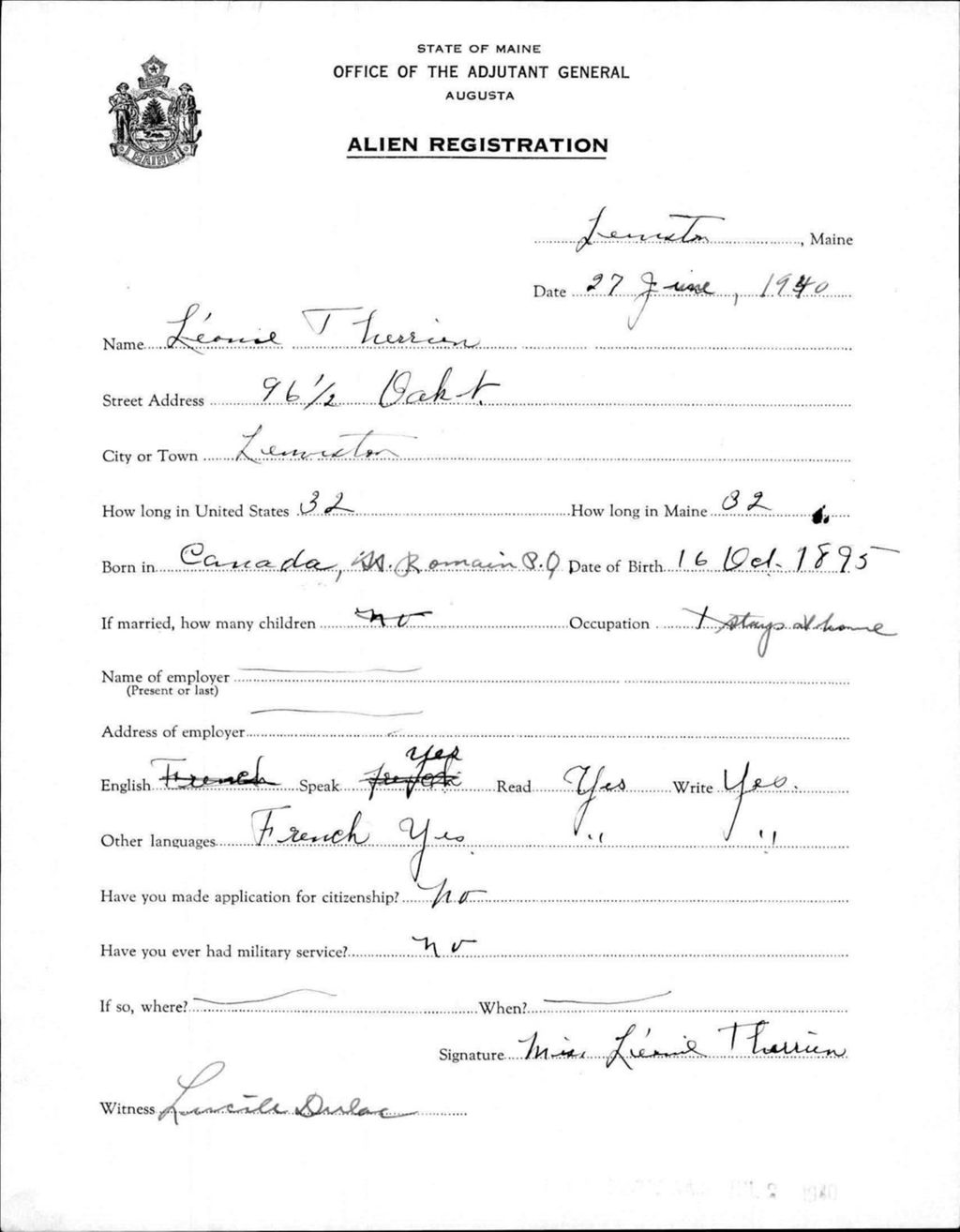 Miniature of Alien Registration- Therrien, Leone (Lewiston, Androscoggin County)