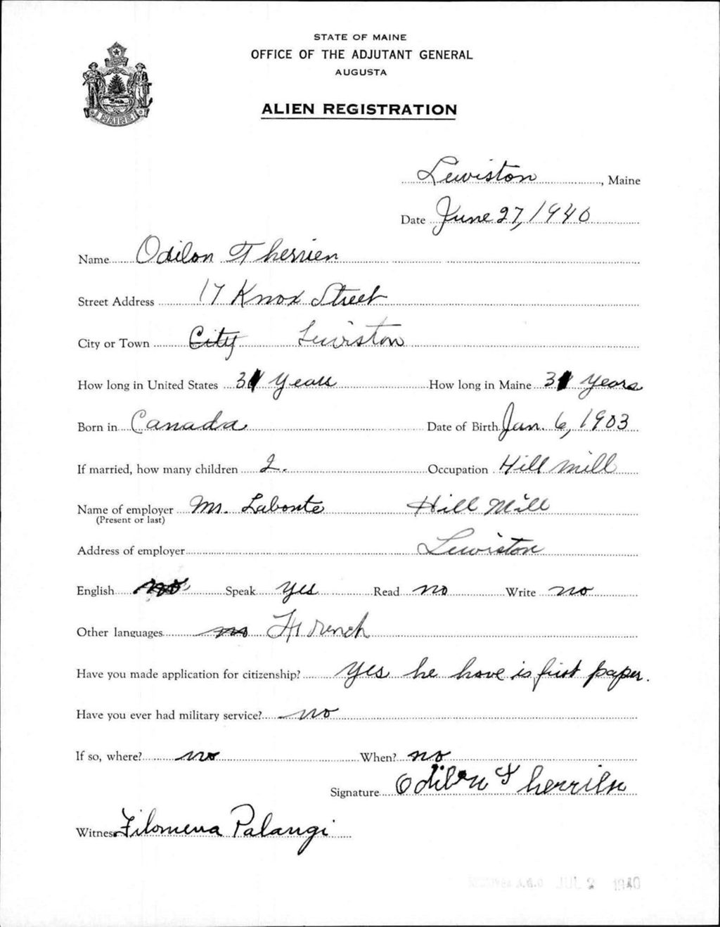 Miniature of Alien Registration- Therrien, Odilon (Lewiston, Androscoggin County)