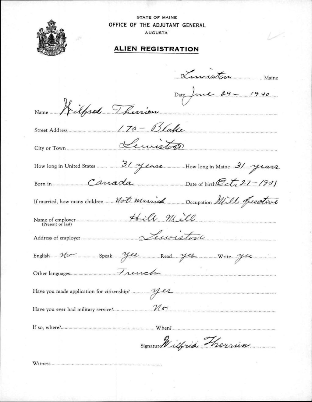 Miniature of Alien Registration- Therrien, Wilfred (Lewiston, Androscoggin County)