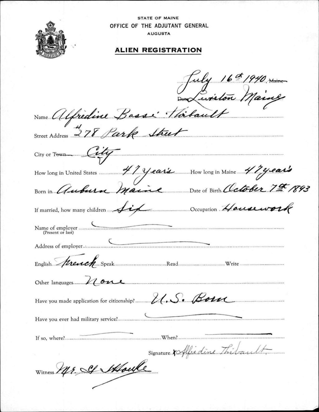 Miniature of Alien Registration- Basse, Alfredine (Lewiston, Androscoggin County)