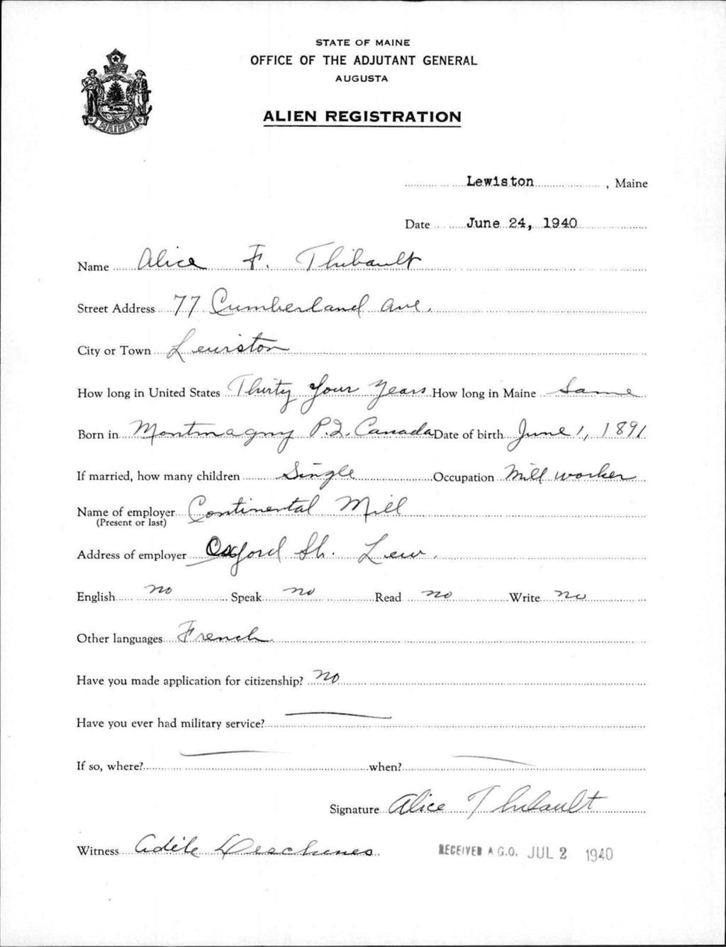 Miniature of Alien Registration- Thibault, Alice F. (Lewiston, Androscoggin County)