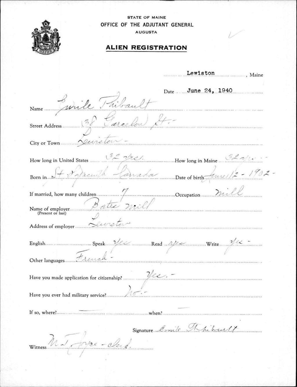 Miniature of Alien Registration- Thibault, Emile (Lewiston, Androscoggin County)