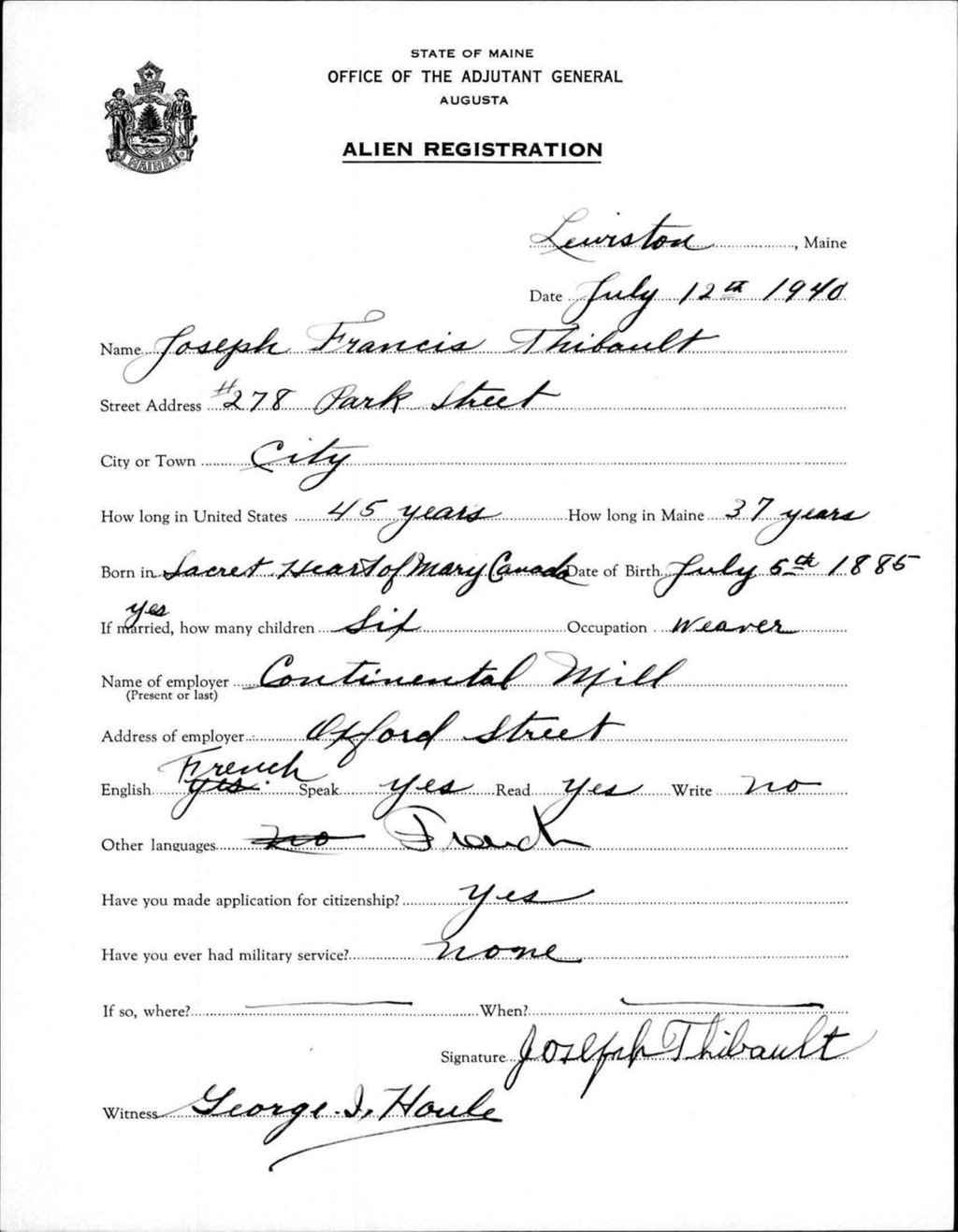 Miniature of Alien Registration- Thibault, Joseph F. (Lewiston, Androscoggin County)