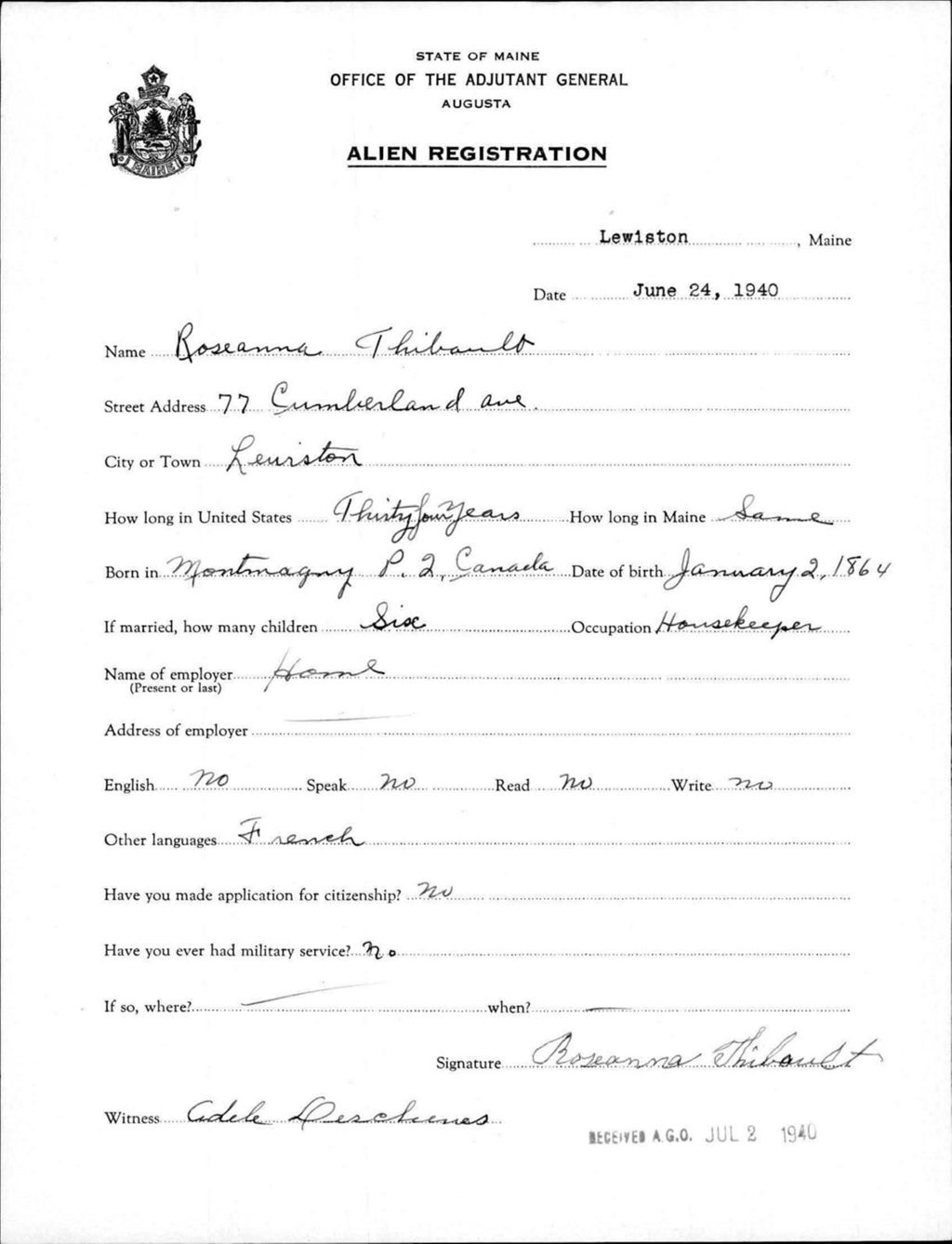 Miniature of Alien Registration- Thibault, Roseanna (Lewiston, Androscoggin County)