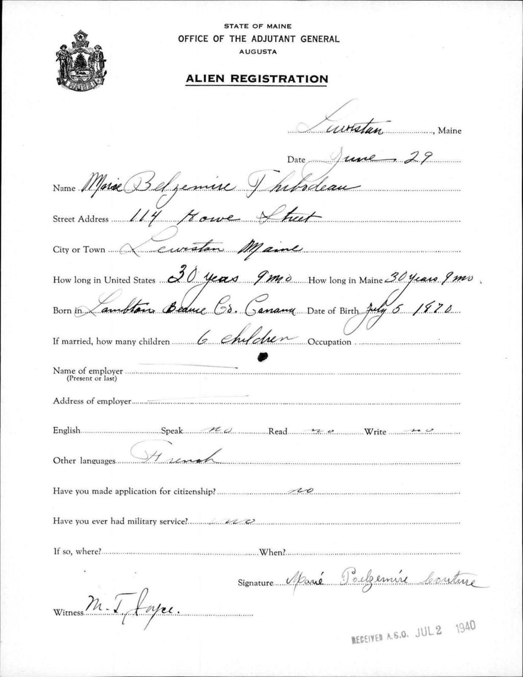 Miniature of Alien Registration- Belzemire, Marie (Lewiston, Androscoggin County)