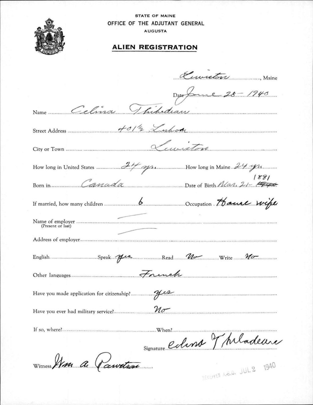 Miniature of Alien Registration- Thibodeau, Celina (Lewiston, Androscoggin County)