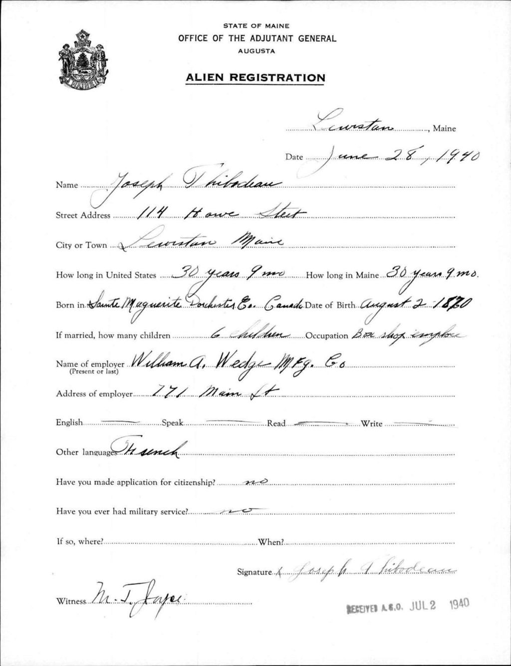 Miniature of Alien Registration- Thibodeau, Joseph (Lewiston, Androscoggin County)
