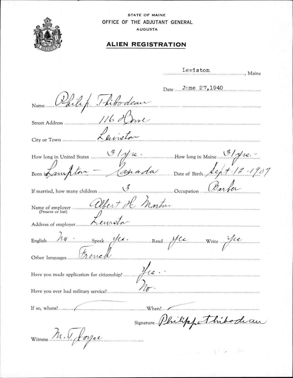 Miniature of Alien Registration- Thibodeau, Philip (Lewiston, Androscoggin County)