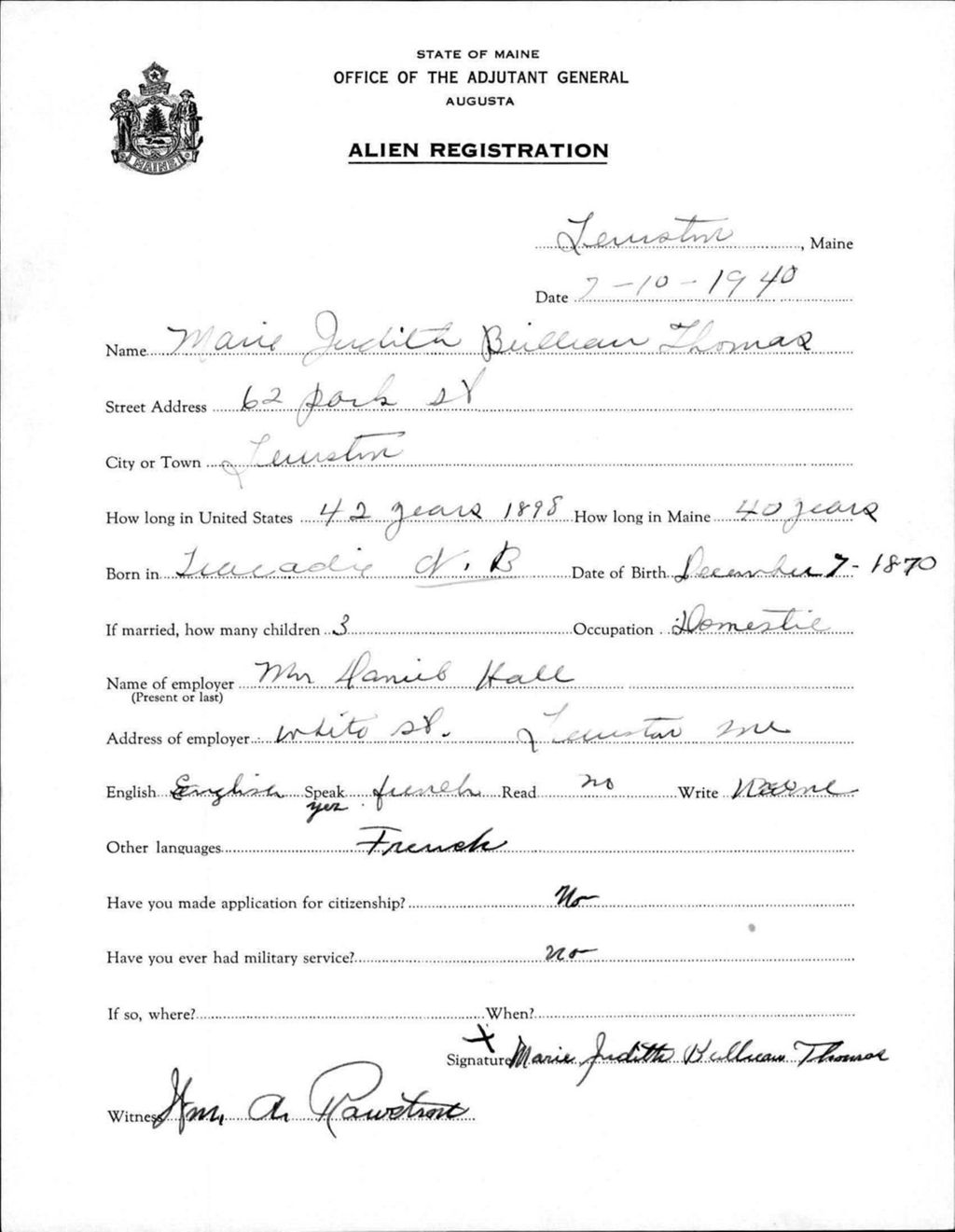 Miniature of Alien Registration- Bellieau, Marie J. (Lewiston, Androscoggin County)