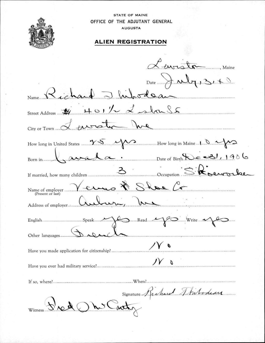 Miniature of Alien Registration- Thibodeau, Richard (Lewiston, Androscoggin County)