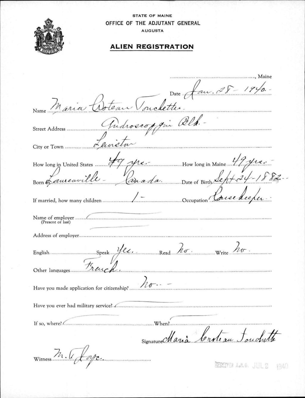 Miniature of Alien Registration- Croteau, Maris (Lewiston, Androscoggin County)