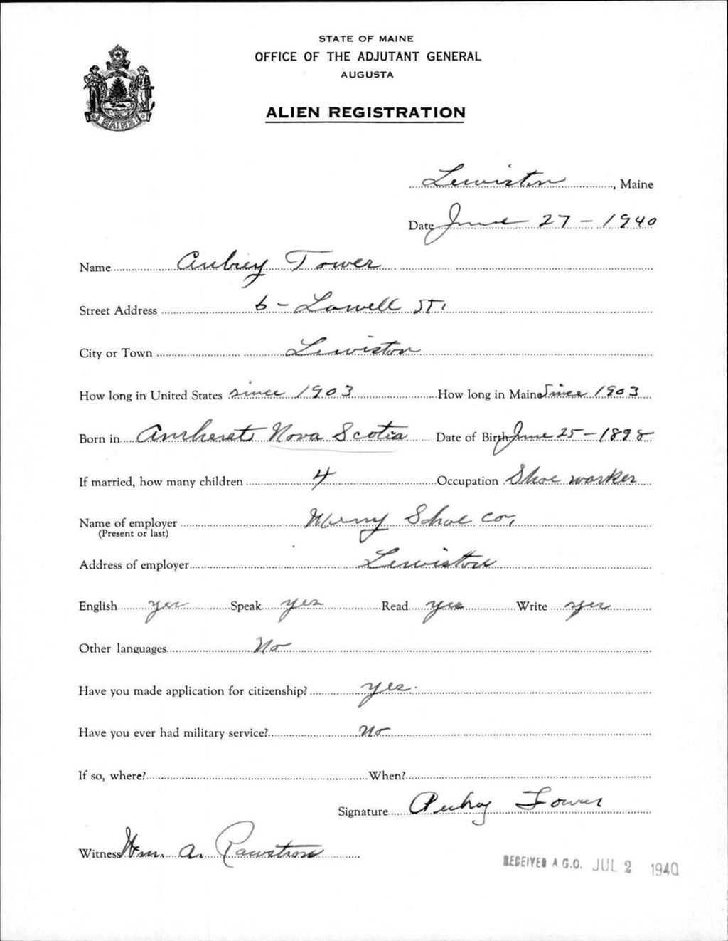 Miniature of Alien Registration- Tower, Aubrey (Lewiston, Androscoggin County)