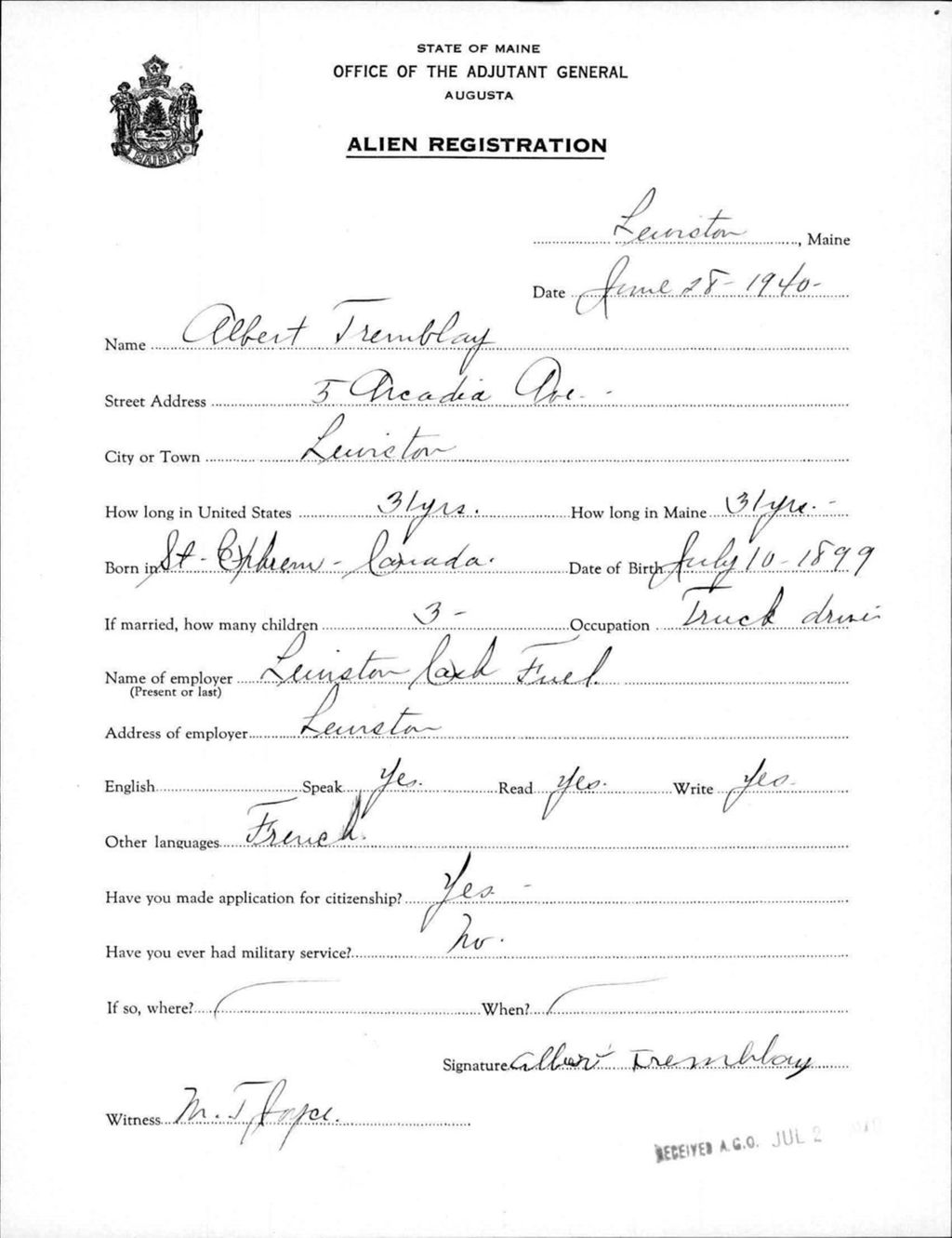 Miniature of Alien Registration- Tremblay, Albert (Lewiston, Androscoggin County)
