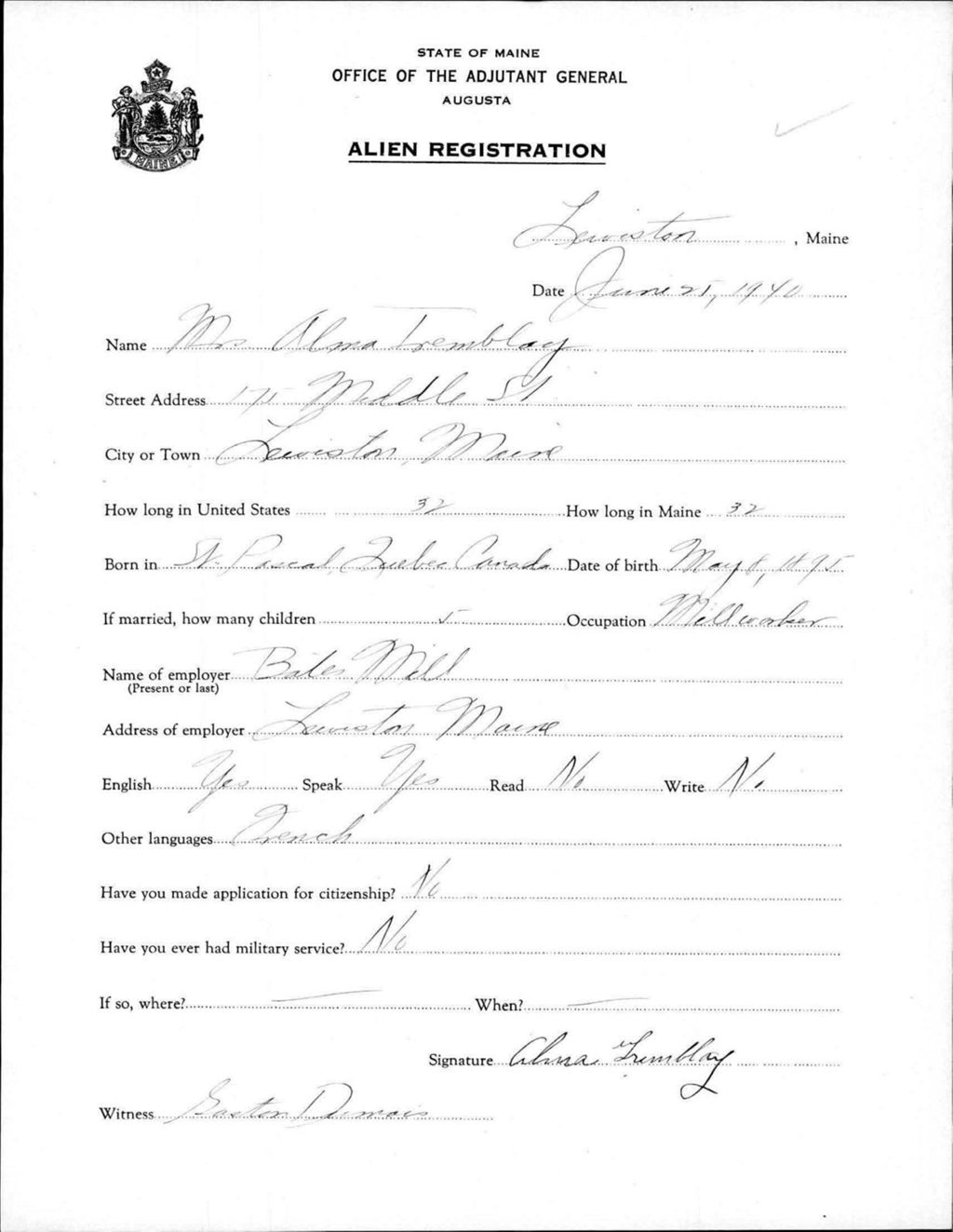 Miniature of Alien Registration- Tremblay, Alma (Lewiston, Androscoggin County)