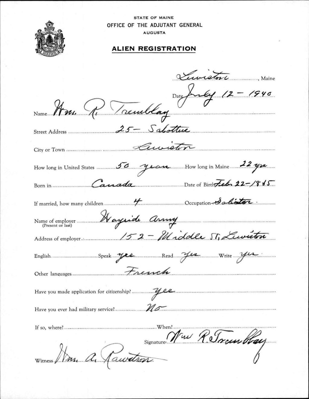 Miniature of Alien Registration- Tremblay, William R. (Lewiston, Androscoggin County)