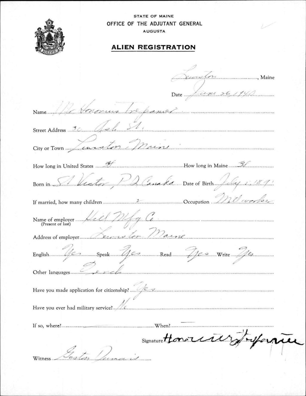 Miniature of Alien Registration- Trepanier, Honoruis (Lewiston, Androscoggin County)