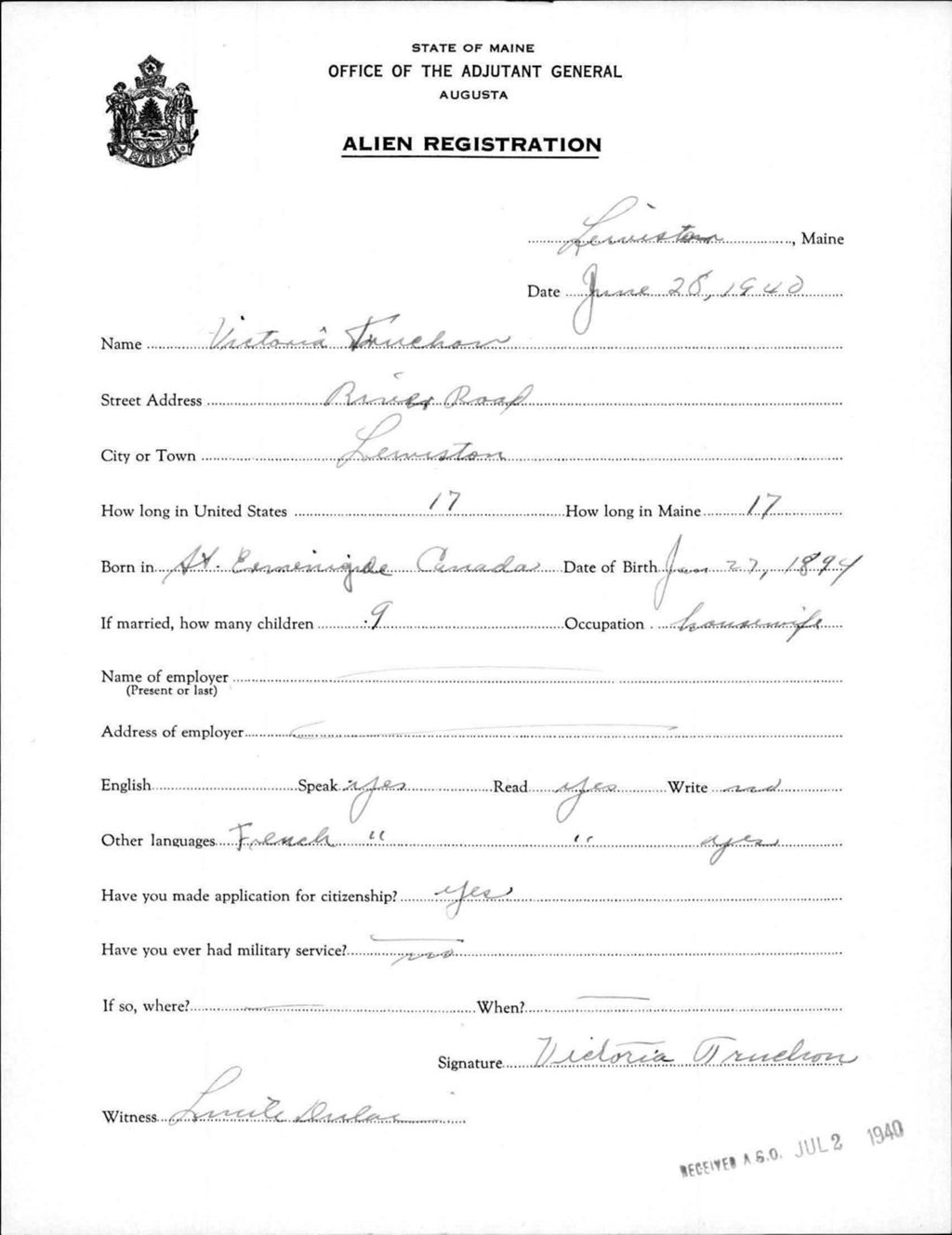 Miniature of Alien Registration- Truehorn, Victoria (Lewiston, Androscoggin County)