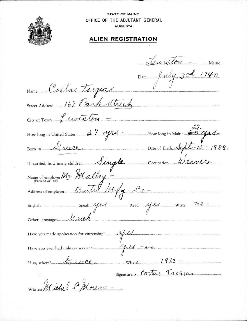 Miniature of Alien Registration- Tsogias, Costas (Lewiston, Androscoggin County)