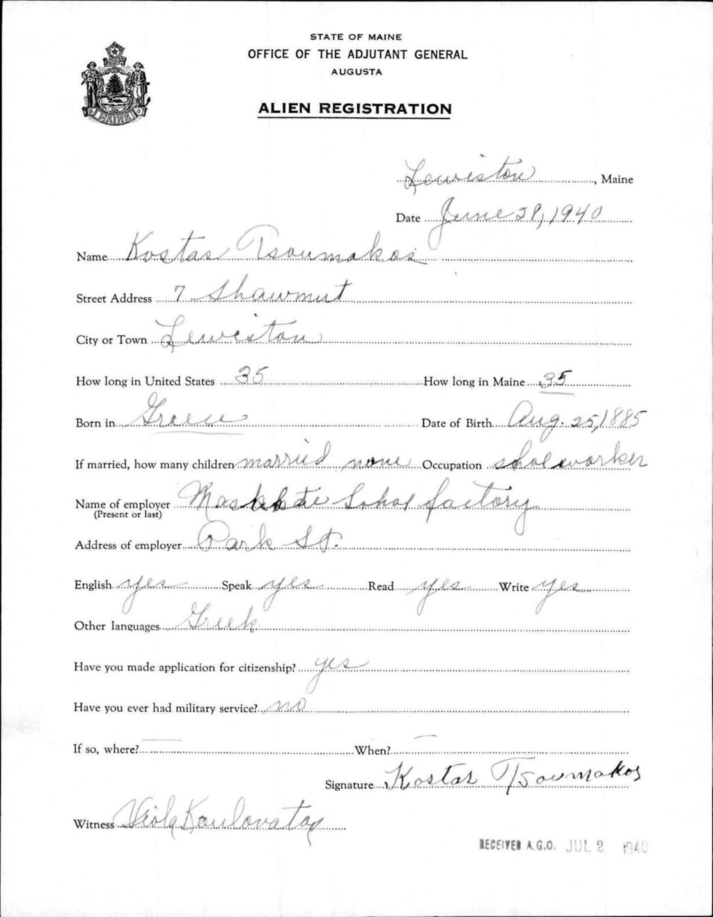 Miniature of Alien Registration- Tsoumakos, Kostas (Lewiston, Androscoggin County)